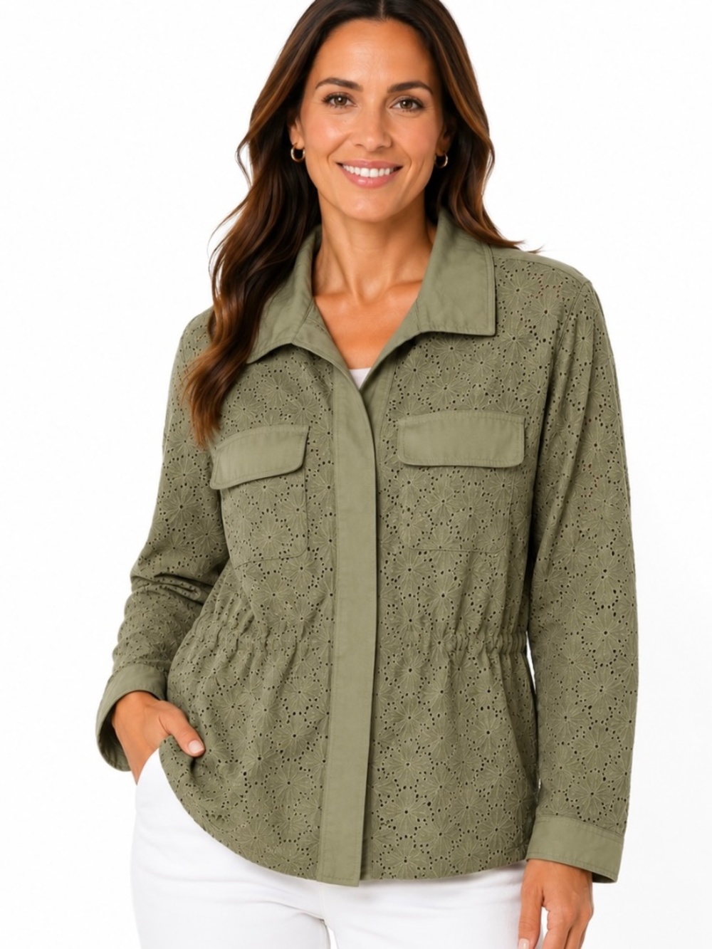 Chico’s light olive utility jacket in eyelet lace design.